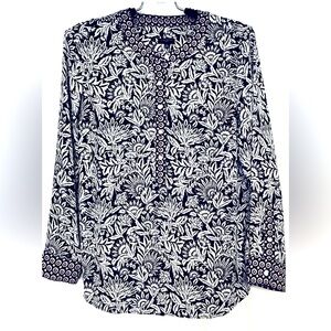 🌼 Talbots Womens Sz M Petite Navy Pink Floral Print Top
